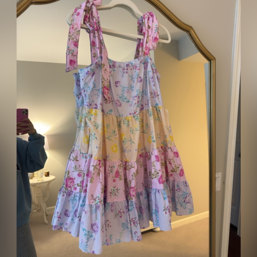 LoveShackFancy Multicolor Floral Dress with Bow Straps